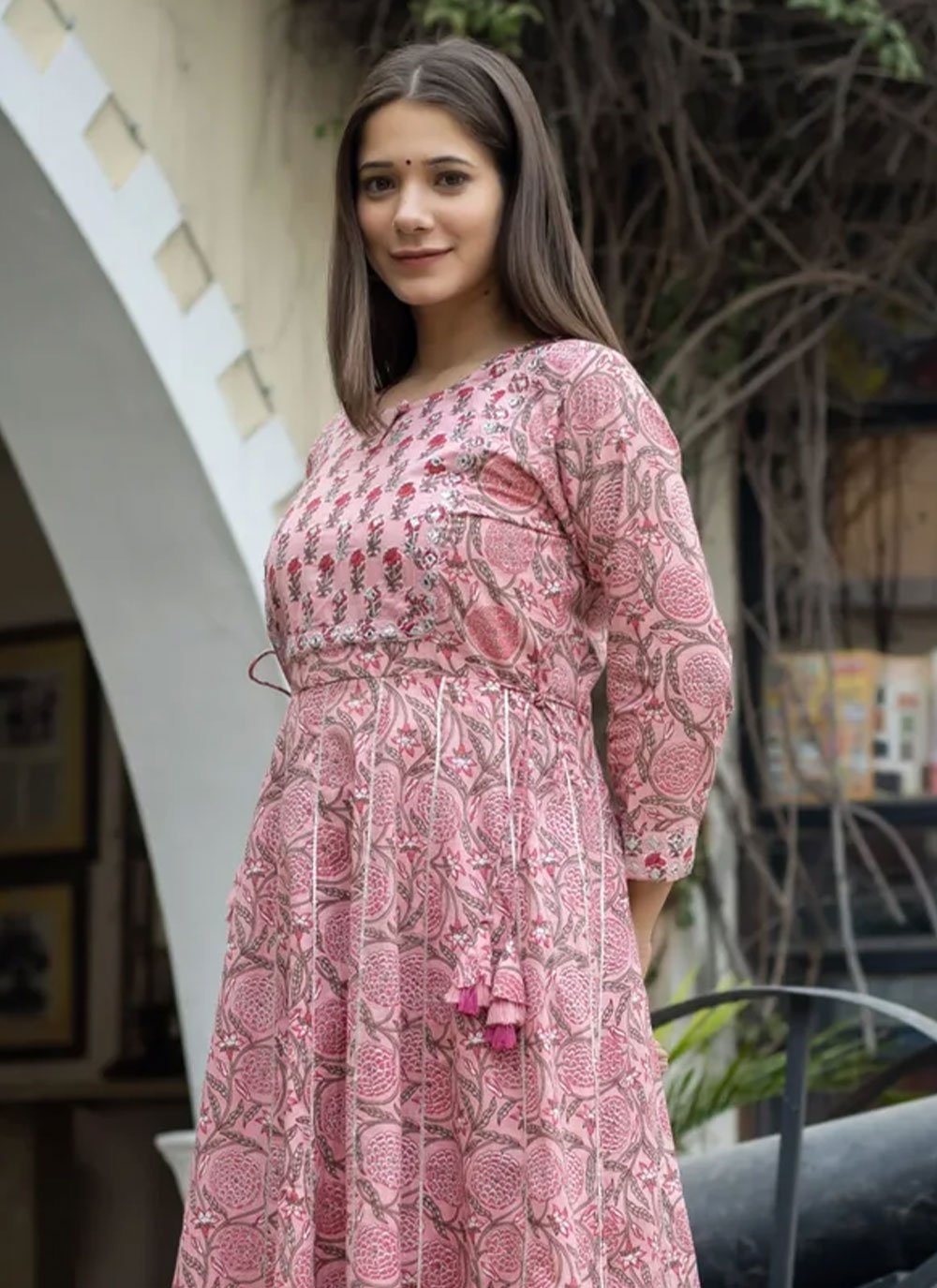 Ada Cotton pink embroidered chikankari quarter sleeve stitched Women short  Kurti - A210943 - Ada - 3622282